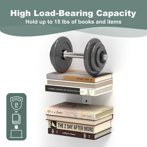 4 2 Pack(White) Mefirt Invisible Floating Bookshelves for Wall, Tier Vertical Spine Book Tower, Heavy Duty Floating