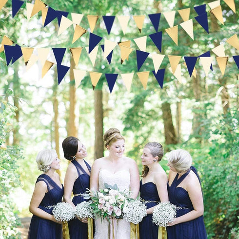 30Ft Navy Blue Gold and Beige Party Decorations, Royal Blue Gold Triangle Flag Pennant Banner for Events