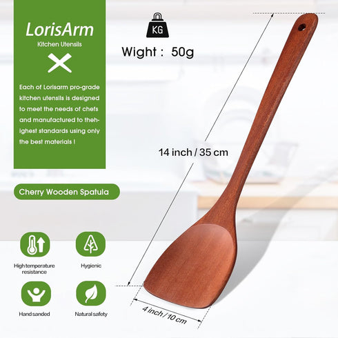 14-inch Cherry Wooden Spatula Turner, Long Handle Kitchen Utensil for Flipping and Serving