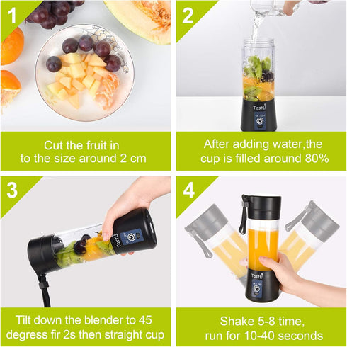 Portable Blender Bottles, Personal Mini Blender for Shakes & Smoothies, 13oz USB-C Rechargeable (Black)