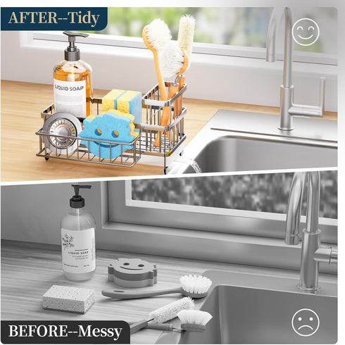 Countertop Consumest Sponge Holder for Kitchen Sink - Auto Draining Sink Caddy Organizer with Detachable Rack, High