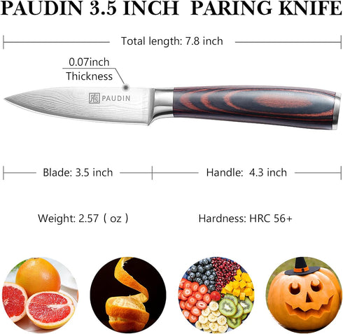 PAUDIN Paring Knife, 3.5 Inch High Carbon Stainless Steel, Ultra Sharp Small Kitchen Knife with Gift Box