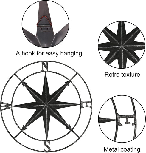 aboxoo Round Metal Compass, Decorative Compass Metal Wall Art, 11 Inch Black Diameter Farmhouse Indoor Outdoor Decor