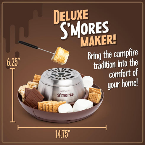 Nostalgia Tabletop Indoor Electric S'mores Maker, Smores Kit with Roasting Sticks and 4 Tray Lazy Susan, Brown