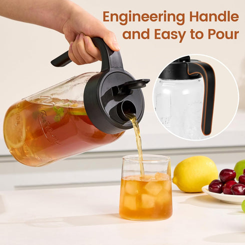 64 oz Mason Jar Pitcher with Tea Filter, Airtight & Leakproof Glass Pitcher with Lid, Sun Tea Glass Jar for Outside