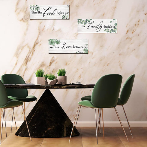 Maitys 3 Pieces Eucalyptus Greenery Wooden Wall Sign, Bless Family Food Love Plaque, Rustic Porch Decor, Green Leaves