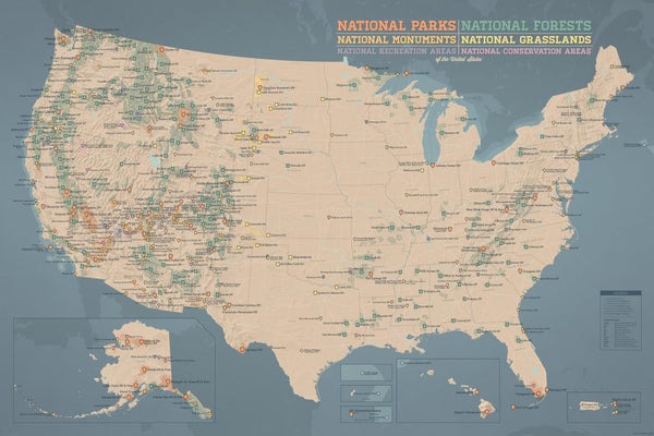 US National Parks, Monuments & Forests Map Poster 24x36 (Tan & Slate Blue)