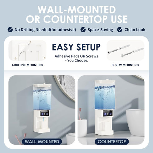 700ML Countertop, 3 Settings, Automatic Mouthwash Dispenser Touchless, Wall-Mount or Dispense Magnetic Cups, USB