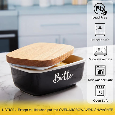Countertop, Counter Black Butter Dish, ALELION Large Ceramic Butter Dish with Lid for Butter Keeper Container