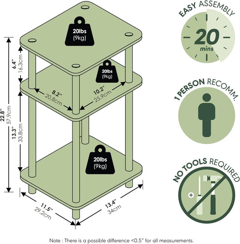 3-Tier 1-Pack Furinno JUST Side Table, End Table, Open Shelves Night Stand, Bedside Table, Toolless Assembly