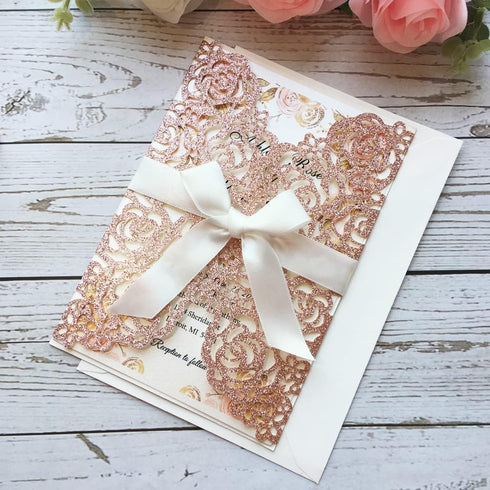 20PCS 5.12 x 7.28'' Laser Cut Wedding Invitations Cards with Envelopes, Hollow Rose Pocket with Bowknot for Bridal