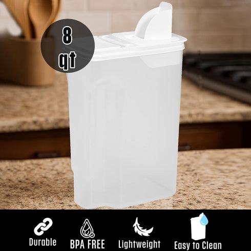 Buddeez Large Food Storage Container, 8 Quart, Clear Kitchen Organization, EZ Pour Spout, White Lid