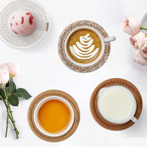 8 Set OIAHOMY Pcs Coasters with Holder for Beer, Coffee, Woven Cotton Coaster for Table Decor for Kitchen, Bar, Dining