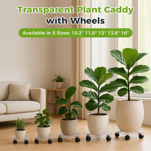 4 Packs 10.2 inches Small Clear Plant Caddy Plant Saucers on Wheels Rolling Plant Stands Heavy-duty Plant Dolly Plastic