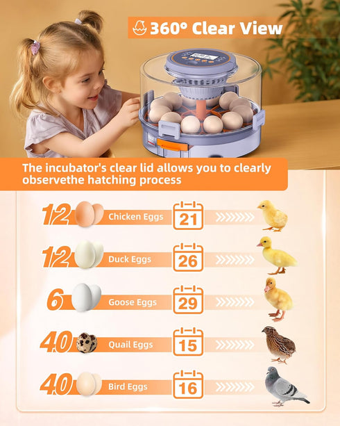 Somferic 12 Cozy Incubators for Hatching Eggs, Chicken Incubator with Automatic Egg Turning and Humidity Control, Baby