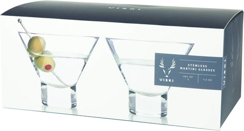Viski Heavy Base Stemless Martini Glasses, Set of 2 - Premium Short Crystal Cocktail Glass Gift Set, 7.5 oz.