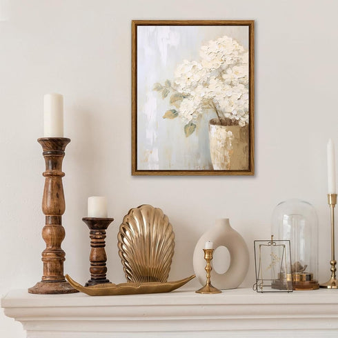 KBKBART Framed Wall Art Vintage Floral Bathroom Canvas Painting White Hydrangeas Flower Prints for Bedroom Living Room