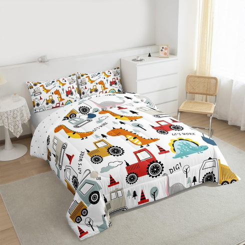 Set Set Set Set 1 Feelyou Construction Comforter Kids Cartoon Dinosaur Comforter Cover for Boys Equipment Trucks