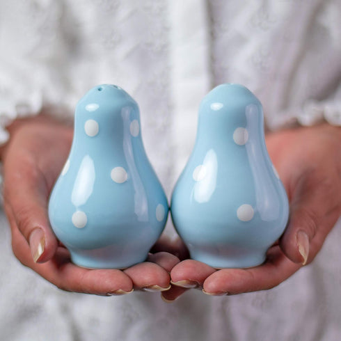 City to Cottage Ceramic Salt and Pepper Shakers Set, Handcrafted Sky Baby Blue Polka Dot Spice Shakers, Farmhouse