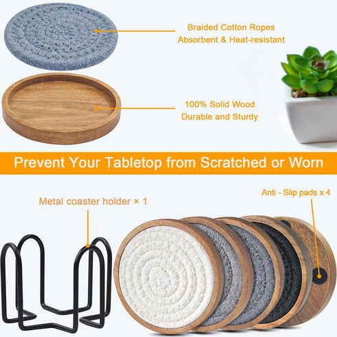 Coasters for Drinks Absorbent Sets of 5, Woven Coasters with Holder for Coffee Table, Gray Series