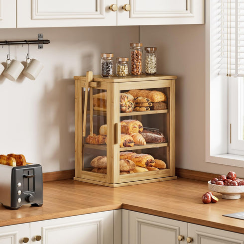 Countertop, 3 WOWLIVE Bamboo Bread Box for Kitchen Large Layers Bread Storage Container for Homemade Bread with Window
