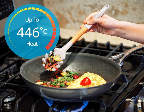 Silicone Cooking Utensils Set (6 pcs) – Natural Wood Kitchen Utensils, Eco Friendly & BPA Free, Non-Scratch, White