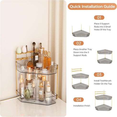 Counter Countertop, 2-Tier) Corner Bathroom Organizer with Makeup Brush Holder & Toothbrush Holders, Makeup Organizer
