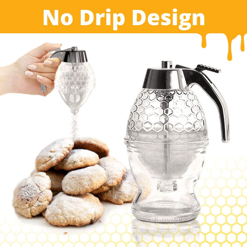8 Oz CLEVLI Honey Dispenser No Drip Glass with Stand Honey Jar Clear Glass Honey Container with Dipper Maple Syrup