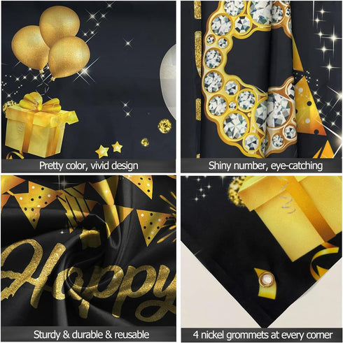 40th Birthday Decorations Door Banner, Black Gold Happy 40th Birthday Sign Poster Decor, 6.1ft x 3ft Fabric Backdrop