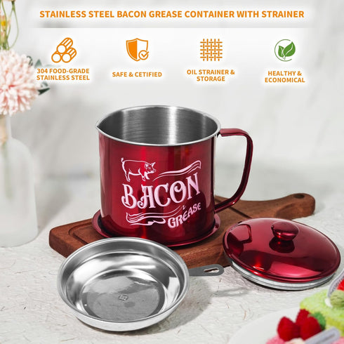 QMET 1.3L Bacon,46oz Bacon Grease Saver Container with Fine Mesh Strainer,Stainless Steel Oil Keeper Can for Large