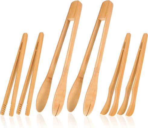 Zopeal 6 Pcs Wooden Kitchen Tongs, Long Bamboo Cooking Tongs for Picking Up Cheese, Bacon, Toast, Cake, Fruits