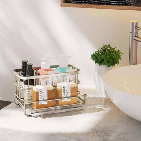 SUS304 Countertop- HapiRm Kitchen Sink Caddy Organizer - Versatile Sponge Holder with Drain Tray, Stainless Steel
