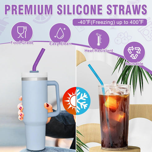 Walfos Reusable Silicone Straw, 2 Size Flexible Drinking Straws for Smoothies, BPA Free, 4 Wide + 4 Regular