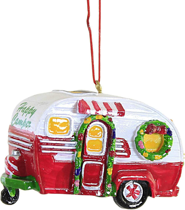 Red and White Happy Camper RV Trailer Christmas Tree Ornament - Camping J8394