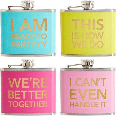 Juvale 4-Piece Girls Trip Flask Set, 5 oz Stainless Steel, Yellow, Blue, Pink & Rose Red, Bachelorette Party Favors
