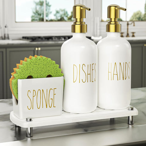 Cisily Kitchen Soap Dispenser Set Comes with Ceramics Sponge Holder, Gold Pumps,