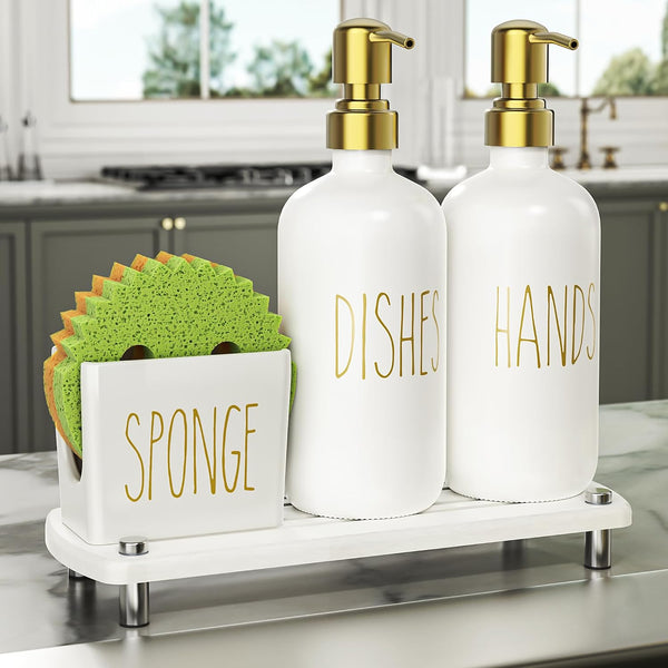 Cisily Kitchen Soap Dispenser Set Comes with Ceramics Sponge Holder, Gold Pumps,
