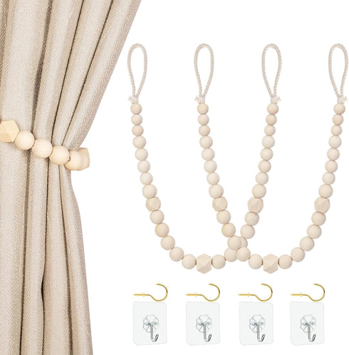 Wood Bead Curtain Tiebacks, KLOGTSIND Set of 2 Curtain Holdbacks for Thin