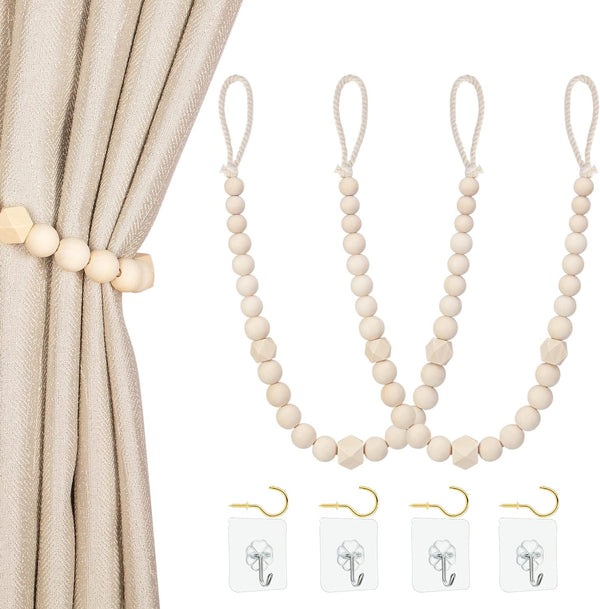 Wood Bead Curtain Tiebacks, KLOGTSIND Set of 2 Curtain Holdbacks for Thin