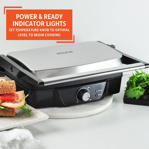 IMUSA Stainless Steel Electric Panini Press with Adjustable Temperature Settings, 1200W