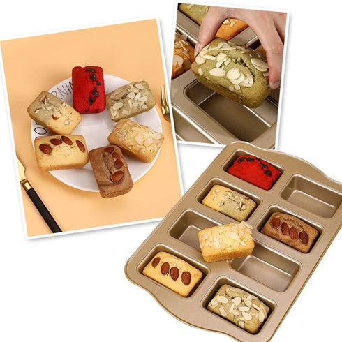 Mini Loaf Pan - 8-Cavity Non-Stick Carbon Steel Brownie Bakeware for Oven Baking in Gold-Square