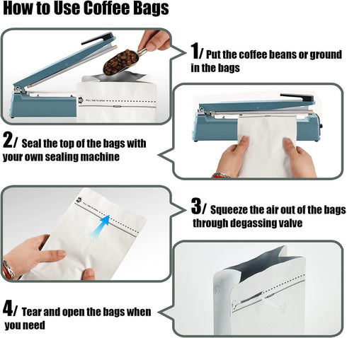 50 Count 8 Ounce Matt White Aluminum Foil Coffee Bags, Stand Up/Flat Bottom Side Gusset Coffee Pouches with Air Release