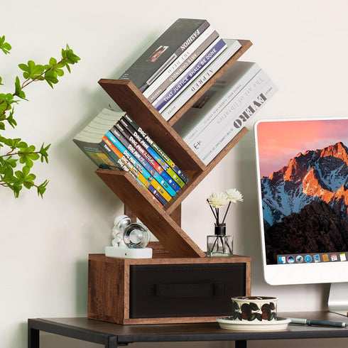 Simple Deluxe 4-Tier Tree Bookshelf with Drawers, Compact Corner Bookcase with Storage