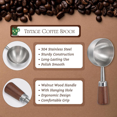 Dazzleimart 10g/30ml 304 Vintage Coffee Scoop Capacity Retro Stainless Steel Coffee Measuring Spoon Walnut Wooden
