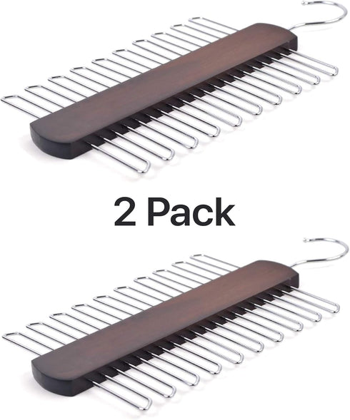 2 Pack 20 Umo Lorenzo Premium Wooden Necktie and Belt Hanger, Walnut Wood Center Organizer and Storage Rack with a