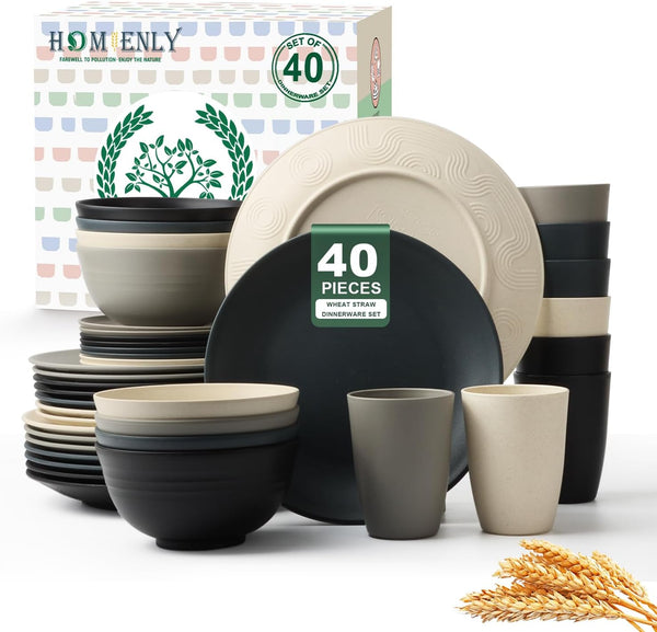 Homienly Kitchen Wheat Straw Dinnerware Set 40 PCS - Dinner Plates, Cereal