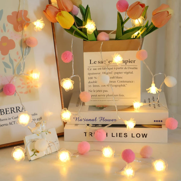 ChiRee 9.85Ft String Lights 20 Cute Pink Pompoms 20 LEDs Rose Fairy Lights