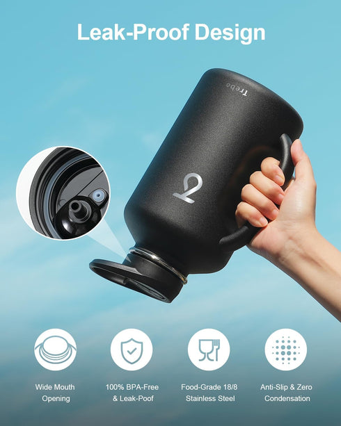Trebo Insulated Water Bottle 64oz, with Handle and Straw Spout Lids, Half Gallon Stainless Steel Vacuum Flask, Black