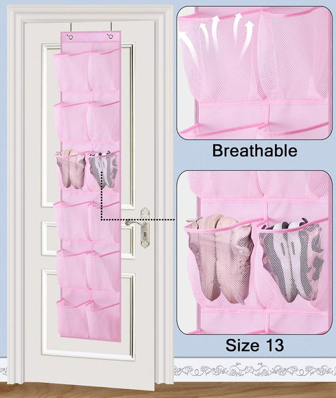MISSLO Kids Over the Door Shoe Organizer, 12 Mesh Pockets, Baby Hanging Shoe Rack for Girl, Women, Men, Toddler, Pink