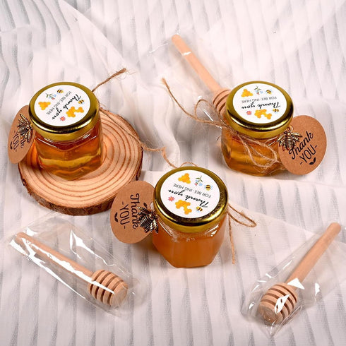 Set 60 Pack 1.5oz Adabocute Mini Honey Jars with Dipper - Hexagon Honey Pot with Gold Lid, Bee Pendants, Jutes, Gold
